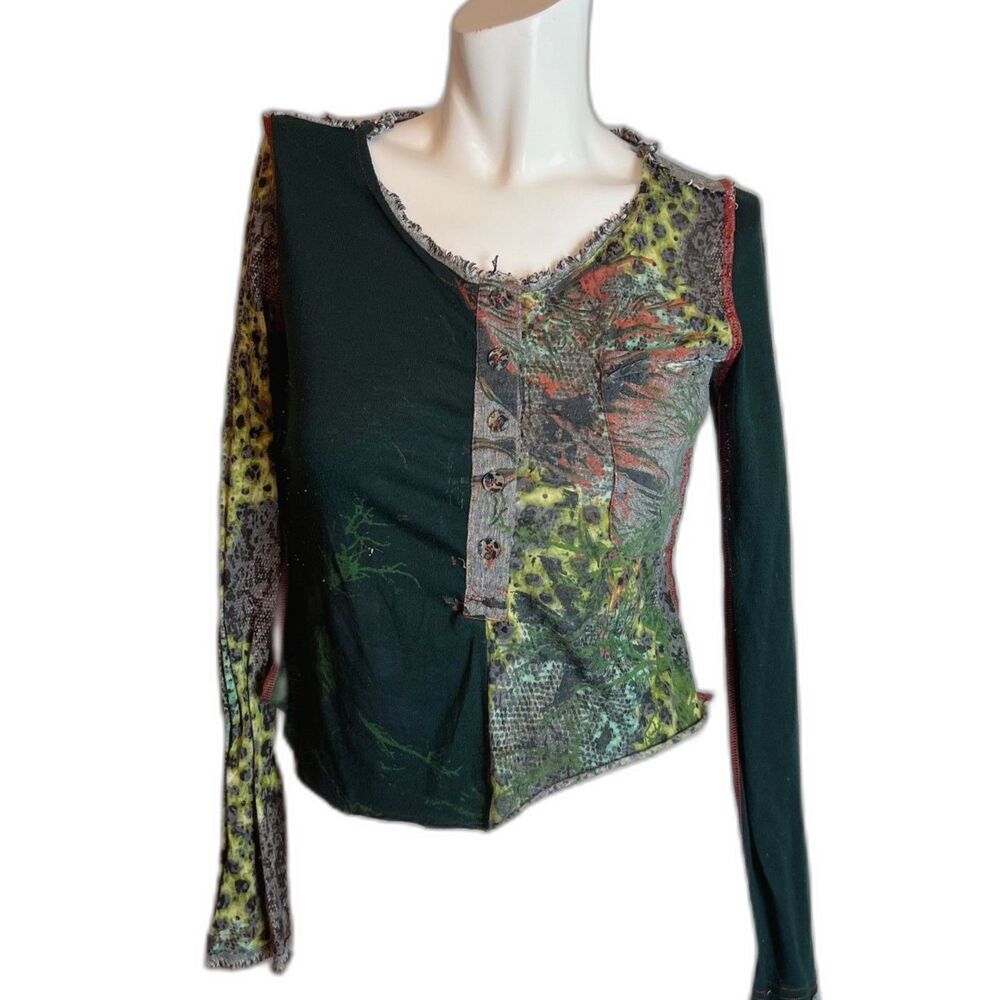 Y2K Vintage Farinelli Patchwork Green Long Sleeve Shirt Women's Size S